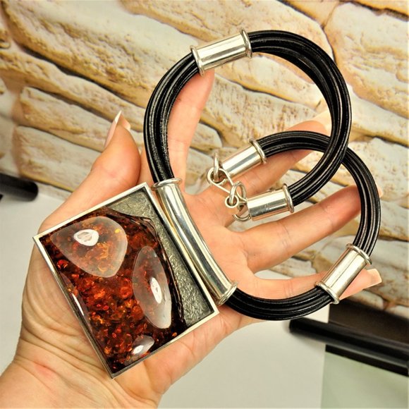 MASSIVE AMBER STERLING PENDANT MULTI LEATHER CORD NECKLACE, GIFT FOR WOMEN - Picture 3 of 11